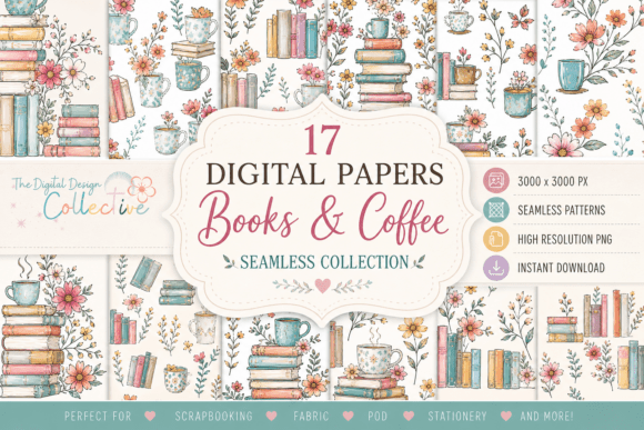 Elevating Creative Workflows with the Coffee and Books Floral Seamless Pattern Collection