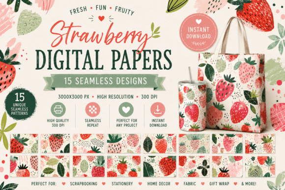 Seamless Boho Strawberry Digital Papers